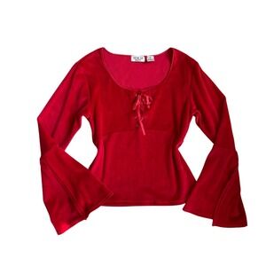 VTG Velvet Velour Red Bell Sleeve lace up‎ babydoll style blouse M